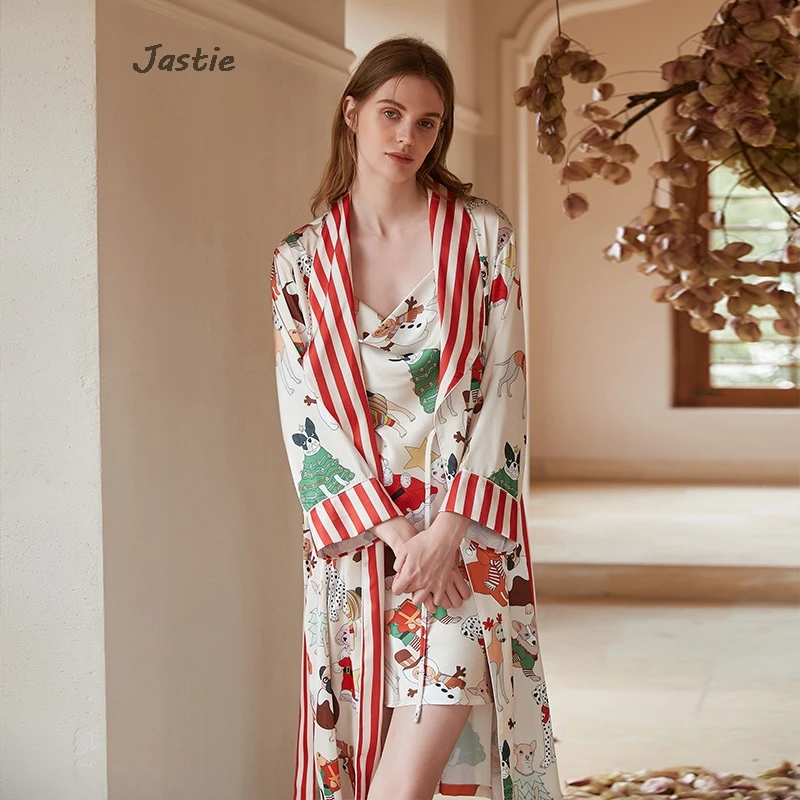 【Christmas】Thin Print Women's Pajamas Loose Long Sleeve Robe Summer Casual Short Slip Dress 2024 New Big Size Sleepwear Woman