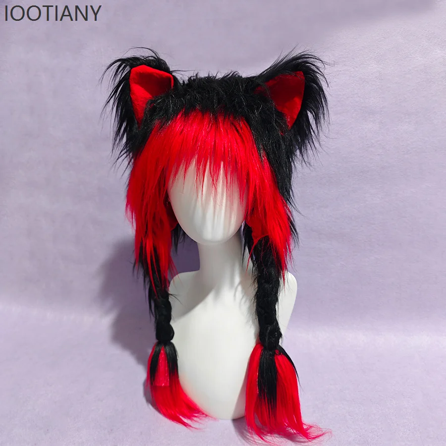 IOOTIANY-Sombrero de felpa Kawaii con orejas de gato para Cosplay, rojo y negro, con orejeras tejidas y cálidas y esponjosas, tocado, accesorios de Anime
