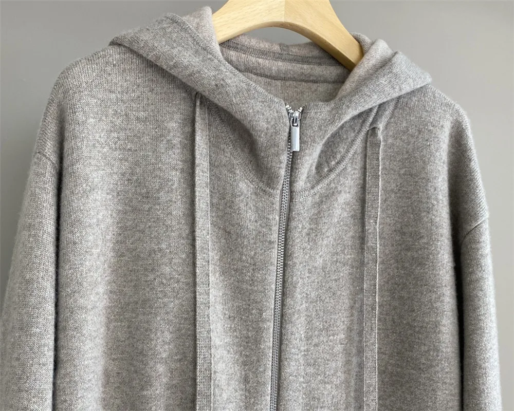 

25 Autumn/Winter Women's 100% Cashmere Hooded Drawstring Design Fashionable and Versatile Medium to Long Casual Jacket
