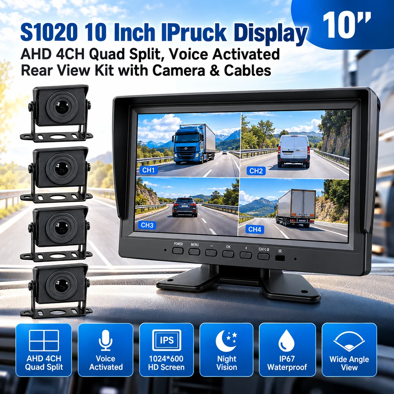 S1020 10 Inch IPS Truck Display 1024*600 AHD 4CH Quad Split, Voice Activated Rear View Kit with Camera & Cables