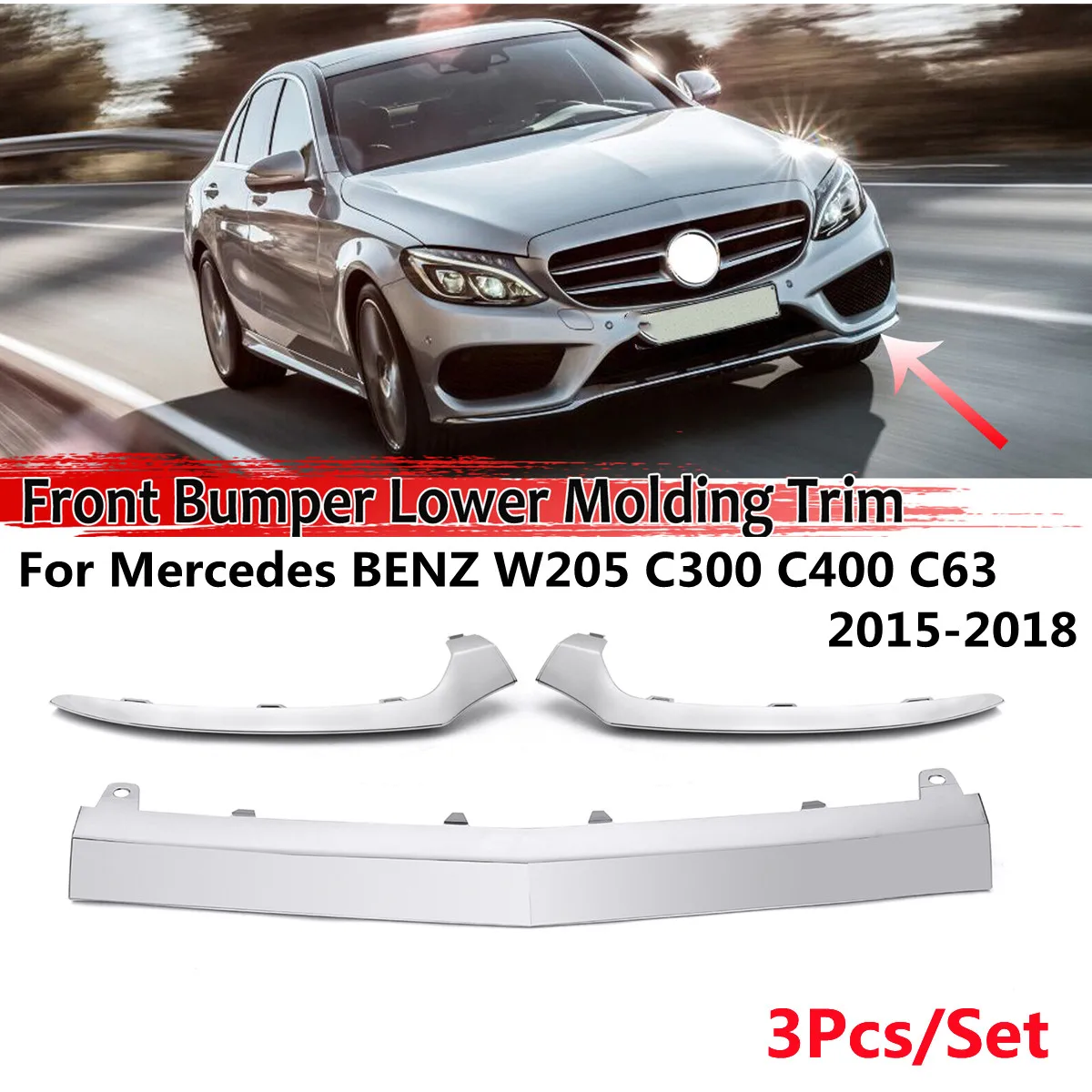 

3Pcs/Set Front Bumper Lower Chrome Trim For Mercedes Benz W205 C Class AMG 2015-2018 Front Bumper Lip Body Kit Spoiler