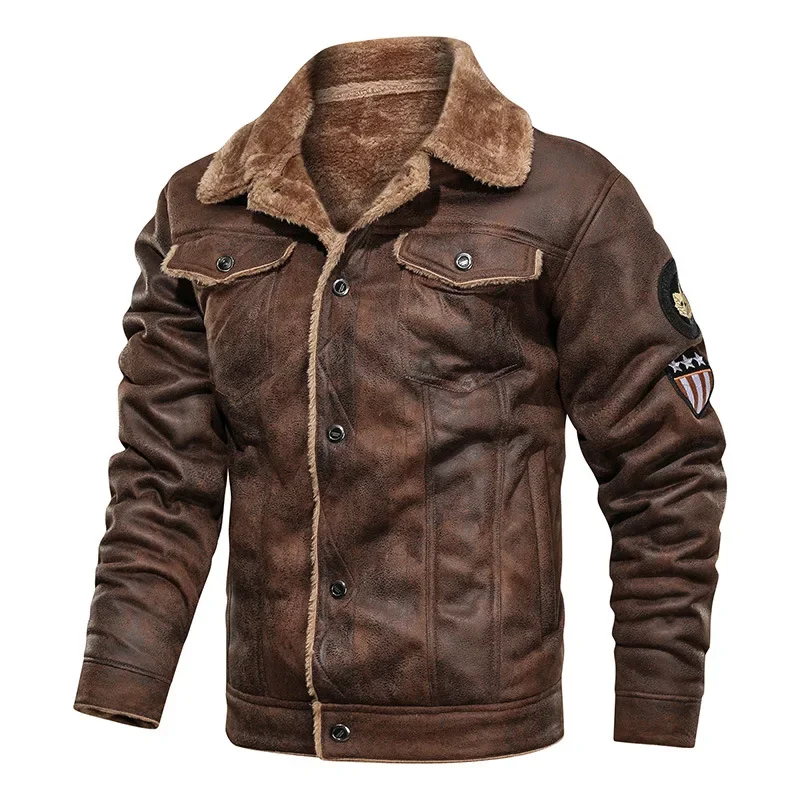 

Man Leather Jacket Winter New High Street Turn Down Collar Male Bomber Outerwear Single-breasted Long Sleeve Men Plush Coat