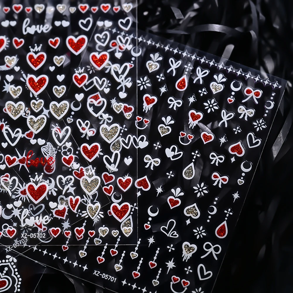 6 ชิ้น Sparkly Glitter สติกเกอร์เล็บหัวใจสีขาว Bowknot Star Moon Self - กาวสติ๊กเกอร์ Y2K Starlight Sliders ตกแต่งเล็บ
