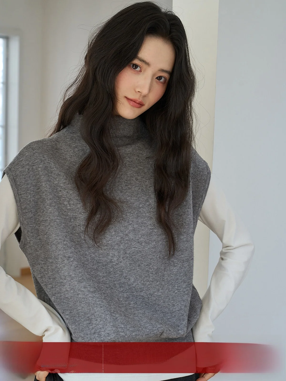 

MoZao ey f High Collar Svel Knitted Vest Women's Loose oulder Pad ort Sle Layering Warmth Office Commute Sle