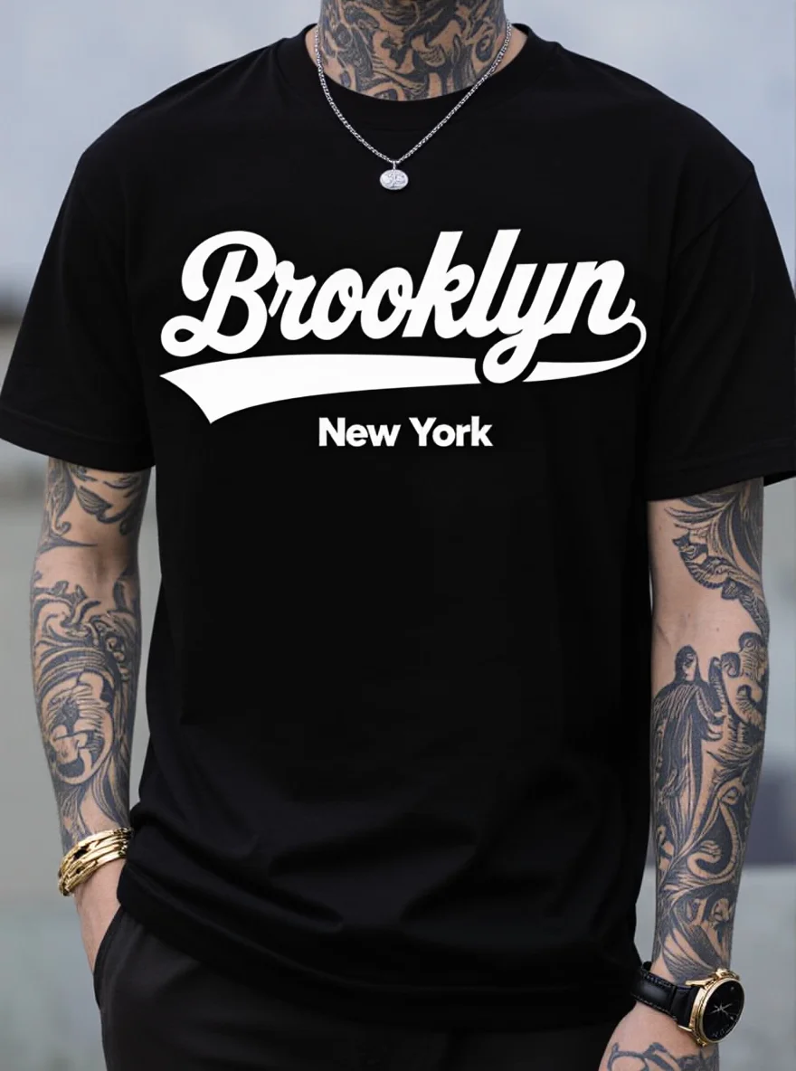 

Men's New York Brooklyn T-Shirt - Black White Lettering Urban Streetwear Summer Tee