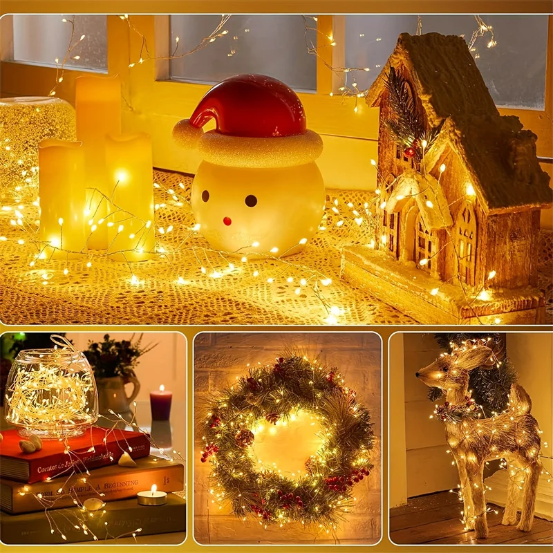 Lampu Hias Natal dengan Remote Control Timer 200LEDs, Lampu String Fleksibel dengan Kawat Perak untuk Kamar Tidur Asrama Pernikahan