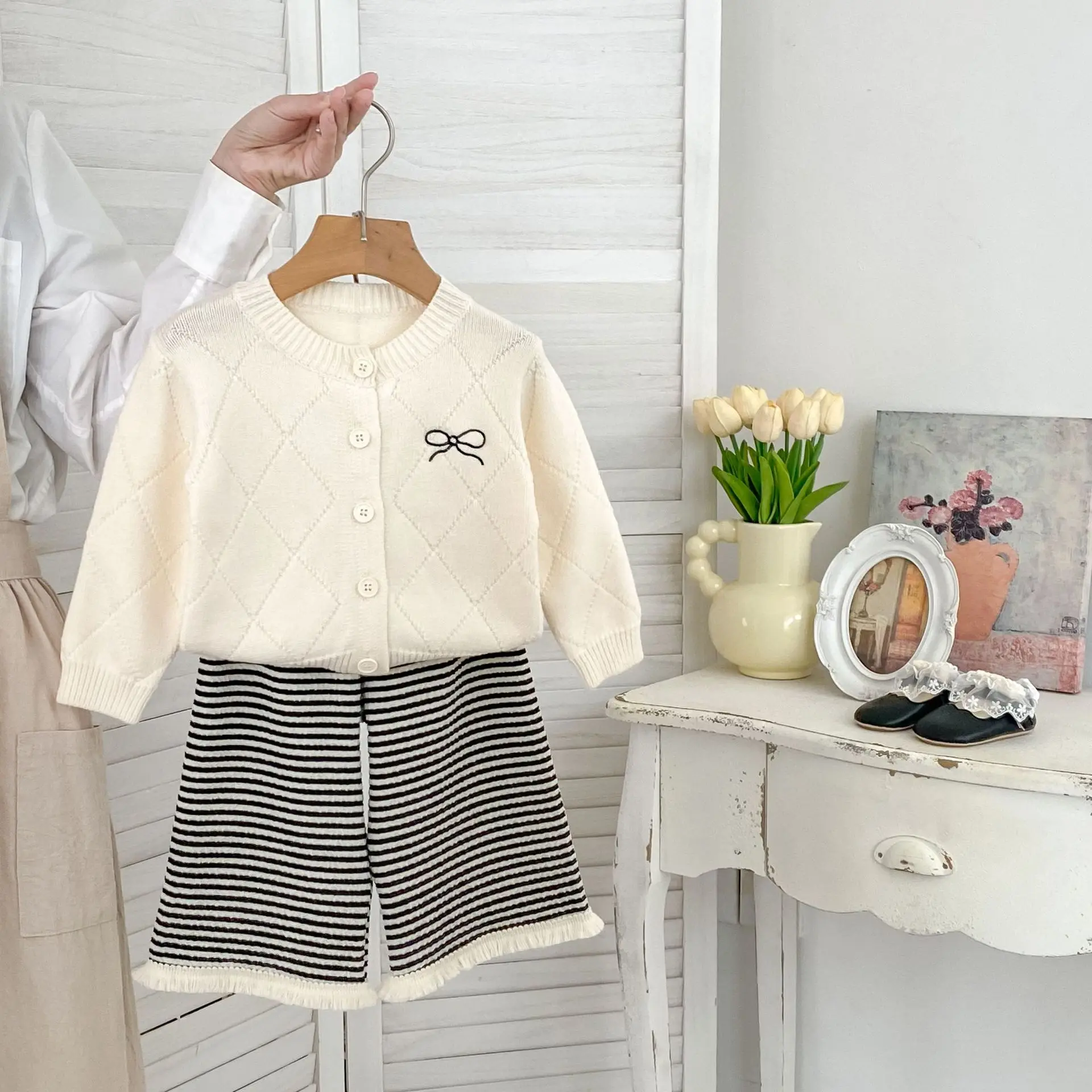 2026 Fall Girls Knit Cardigan & Wide-Leg Pants 2-Piece Set | Bowknot Striped Sweater Outfit for Kids, Korean Style