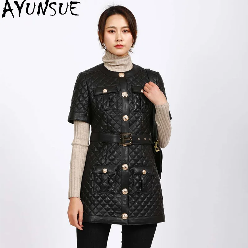 AYUNSUE จริงหนังแจ็คเก็ตผู้หญิง 2025 ความยาวกลาง Sheepskin สตรีเสื้อฤดูใบไม้ผลิฤดูใบไม้ร่วงเสื้อผ้าแขนสั้น Jaqueta De Couro