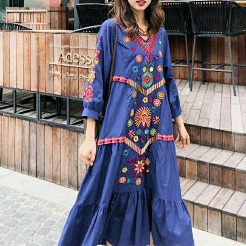 Boho Vintage ethnischen Stil Stickerei Baumwolle Leinen lange Kleider für Frauen 2023 Sommer trend ige Fee lose Strand Urlaub Kleid Robe