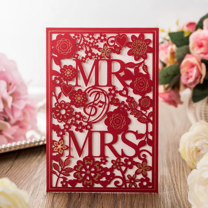 European Wedding Invitation Letter, MR & MRS Red Invitation Letter, Laser Wedding Supplies, 100 PCs/Set