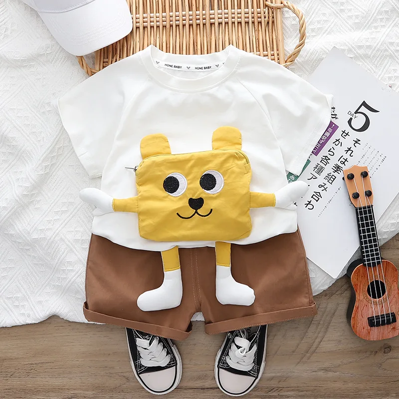 New Children\'s Designer Short Sleeve Pocket Cartoon T-shirt Shorts 2PCS Cute Set Summer Baby Boys and Girls Casual Sport Clothes