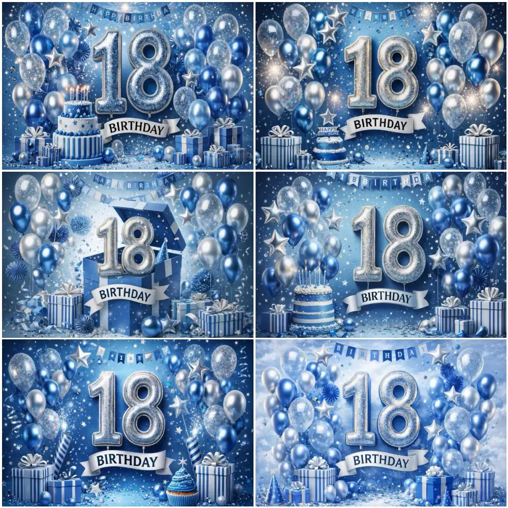 

18th Birthday Backdrop Blue Balloon Happy Birthday Banner Photography Background for 18 Years Old Adult Birthday Party Decor