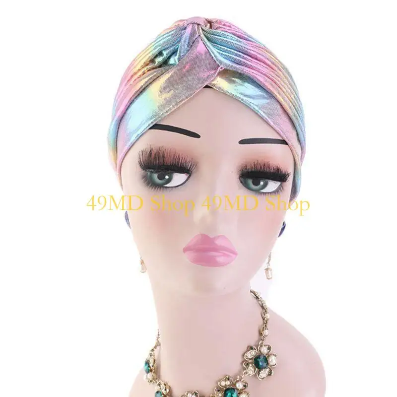 49MD Women Rainbow Metallic Arab Turban Hat Twisted Front Pleated Headwrap Glitter Colorful Beanie Muslim Hijab Hair Loss Chemo