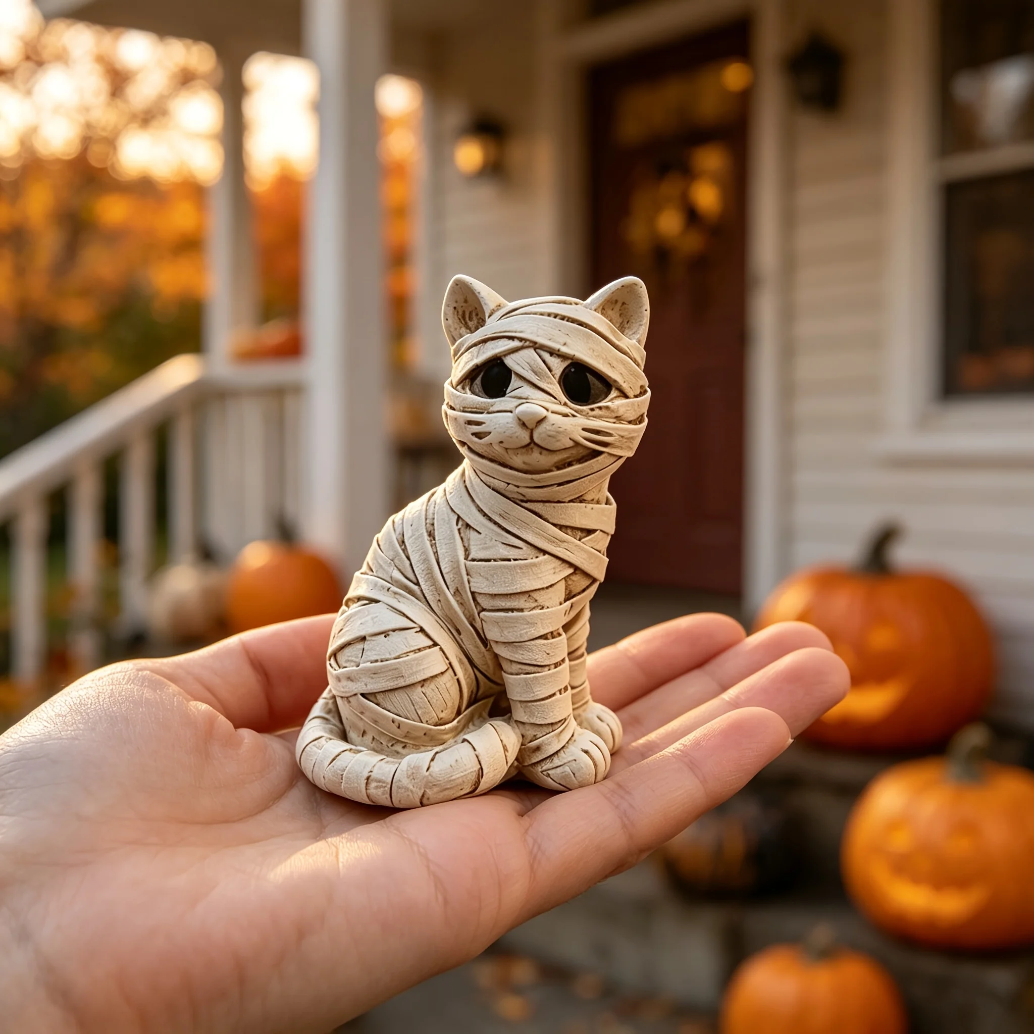 Vintage Egyptian Mummy Cat Figurine, Hand Wrapped Bandage Resin Statue, Hollow Dark Eyes, Academia Gothic Halloween Decor Gift