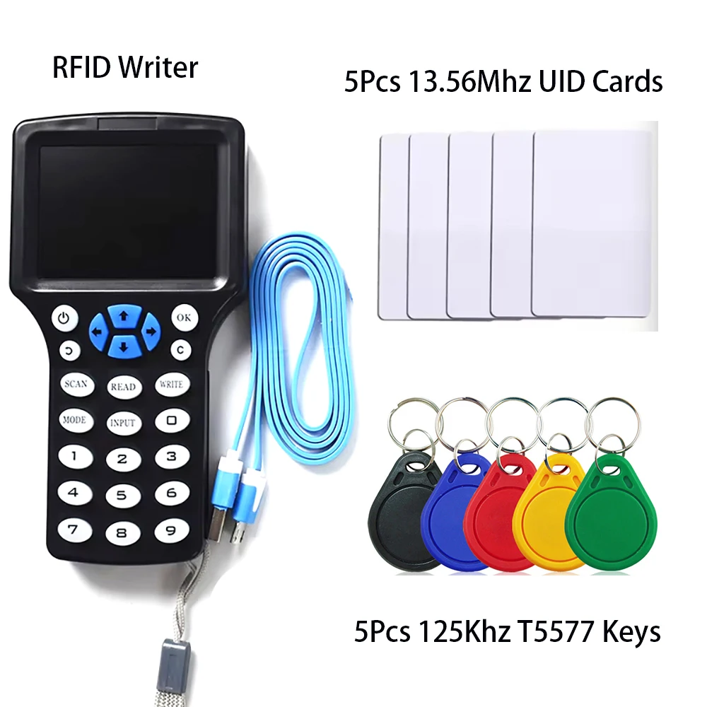 10 Frequency 125KHz 13.56MHz RFID Reader Writer Copier Duplicator IC ID with USB Cable for Programmer Copy Encrypted Key