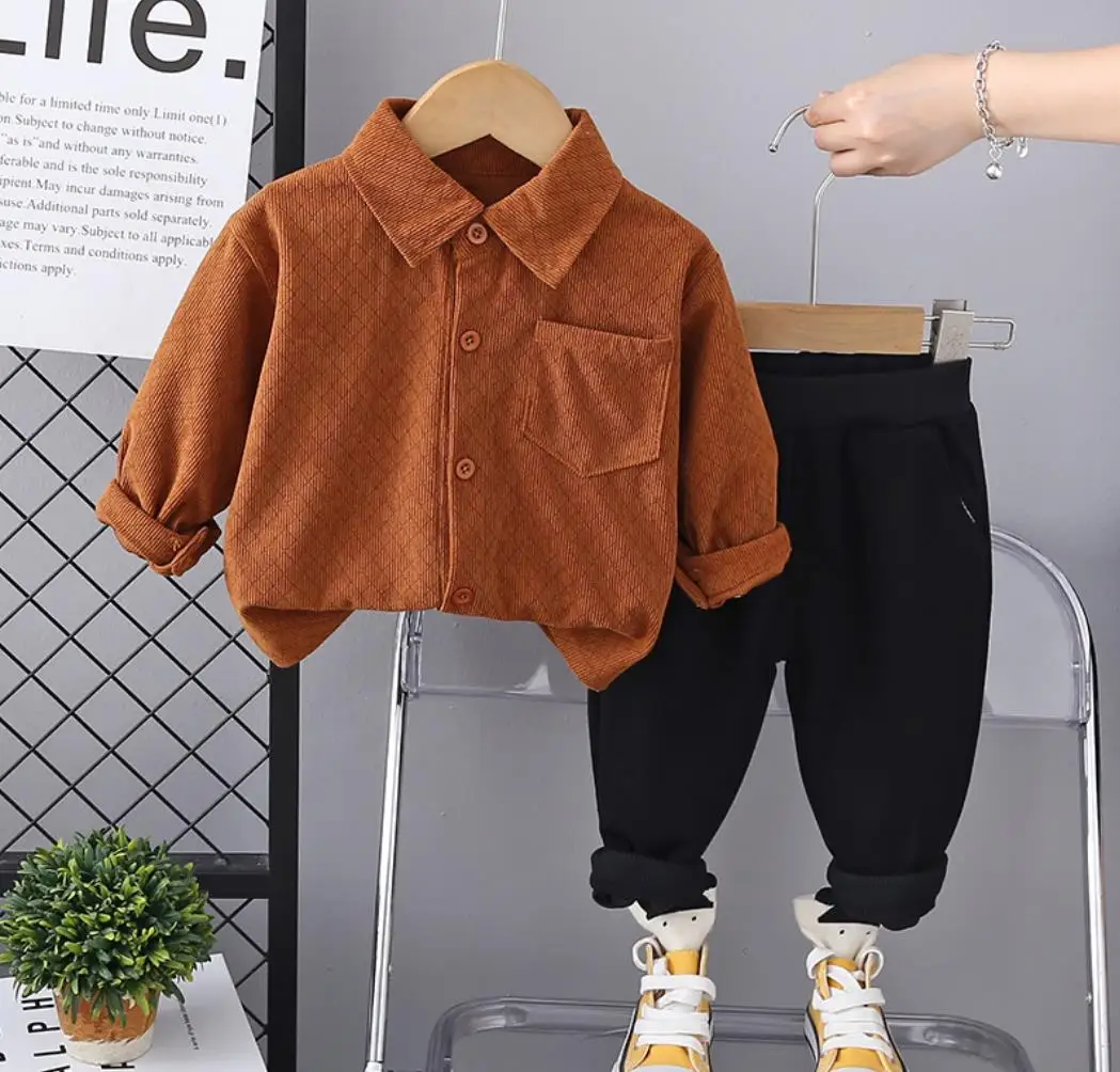 

Toddler Boys Fall Sets 1 To 5 Years Children Baby Clothing Outfits Plaid Corduroy Long Sleeve T-shirts And Pants Kids Tracksuit