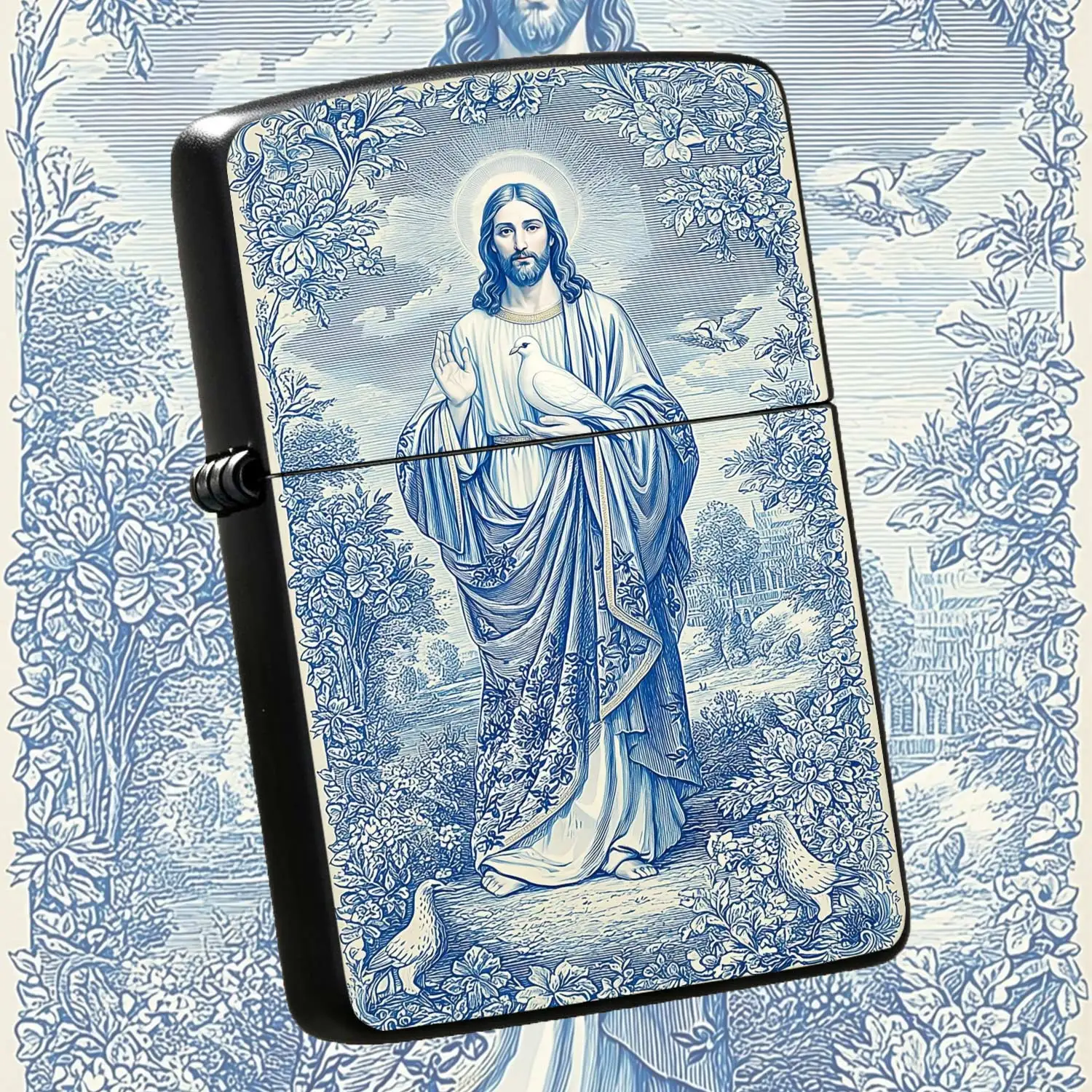 Vintage Blue Tone Iconic White Dove  Windproof  Lighter Reusable Flip-top Pocket Style European Art Carved Frame Design Portable Durable RetroIdeal Gift for Art Enthusiasts Humorous and Fun Lighter