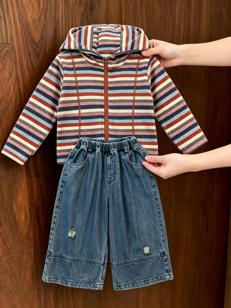 Girls' Autumnal Color Striped Hooded Jacket Thin Zipper Open Cardigan Casual Top with Jeans Set Children's Fashion Outerwear