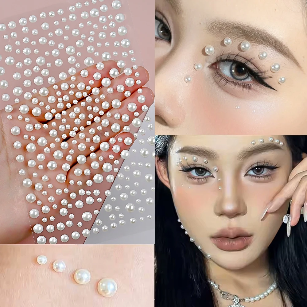 1sheet White Pearl Rhinestones Face/Eye Stickers 3D Self-adhesive Half Round Pearl Beads Jewel Face,Body,Nail,Hair Pearl Sticker