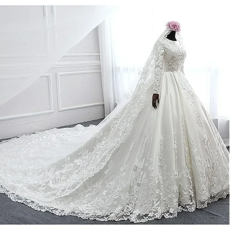 

Свадебное платье с кружевной аппликацией по индивидуальному заказу Robe De Mariée, бальное платье со шлейфом, большие размеры, свадебные платья с длинными рукавами