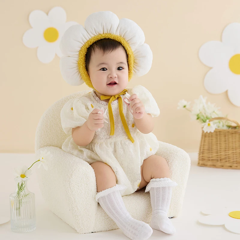 Ropa de fotografía para bebé con tema de girasol, bonito vestido de princesa para niña, tocado + calcetines, 4 unidades/juego, disfraz para fotografía de bebé de 3 a 5 meses