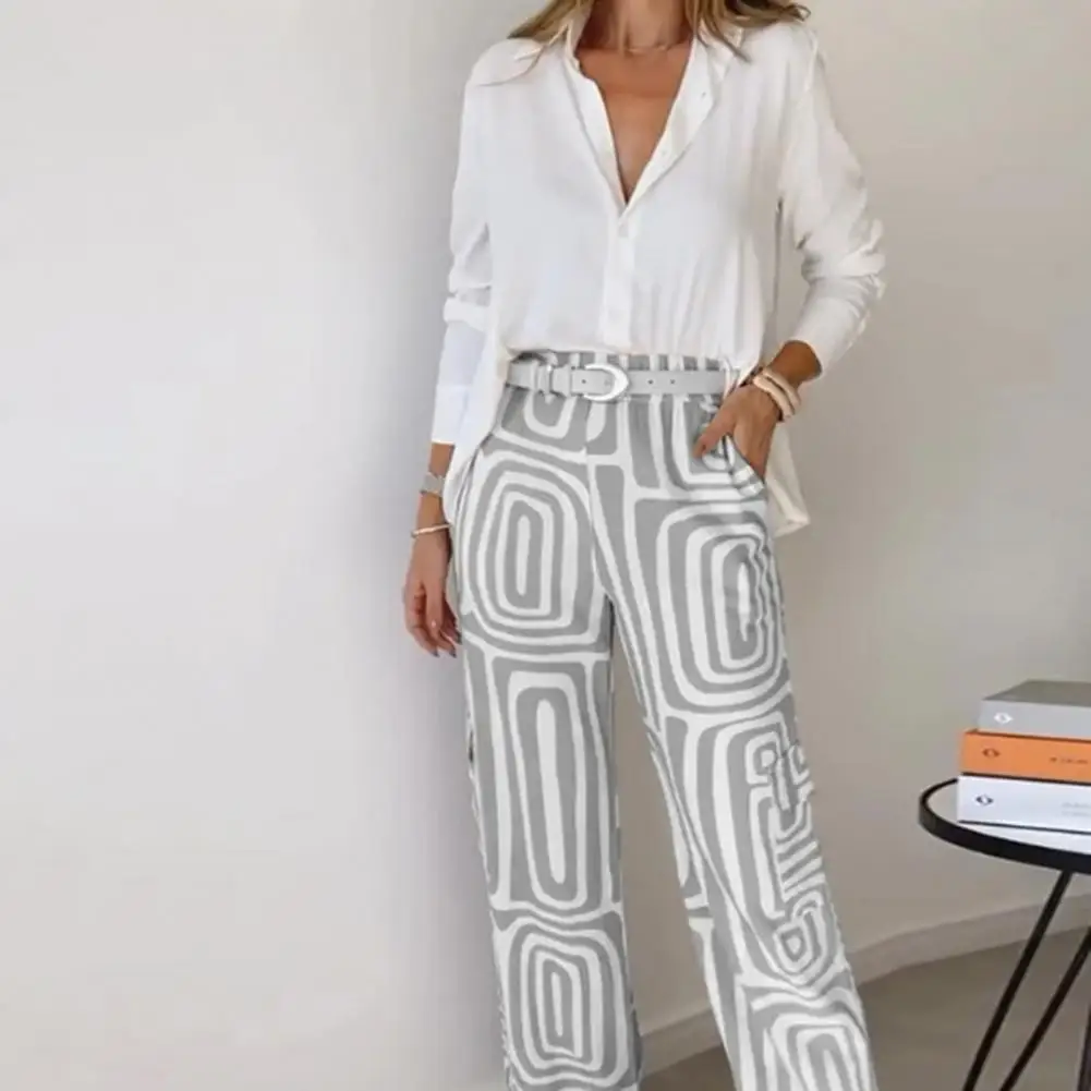 Digital Print Shirt Trousers Set Stylish Women's Shirt Pants Set with Long Sleeves Lapel Collar High Waist Casual Commute