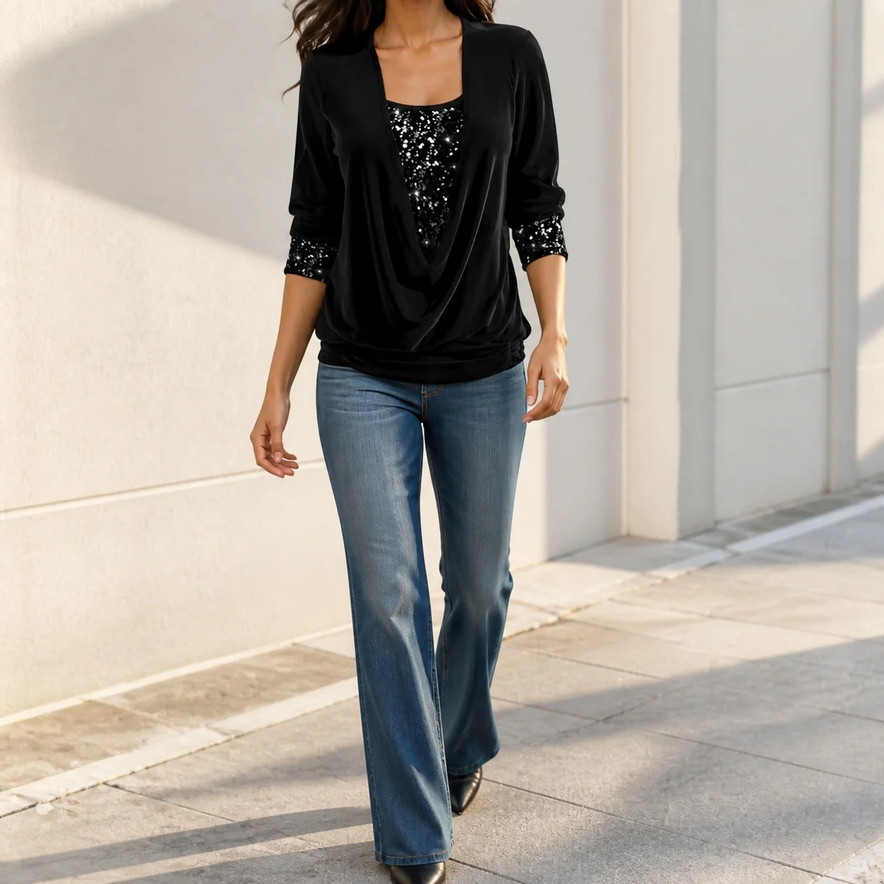 Sequined Ruched Top Regular Length Elegant Commute with Gathered Daily T Shirts Round Neck Sequin Long Sleeve T Shirt for Women