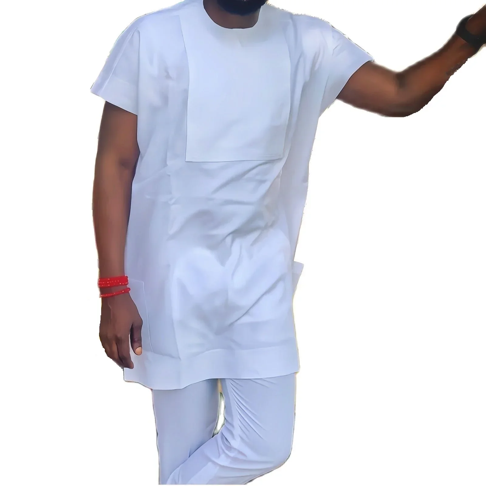 

New African Fashion Solid White Men's Cotton Pant Suits Short Sleeve Tops+Casual Trousers Custom Nigerian Style Garment