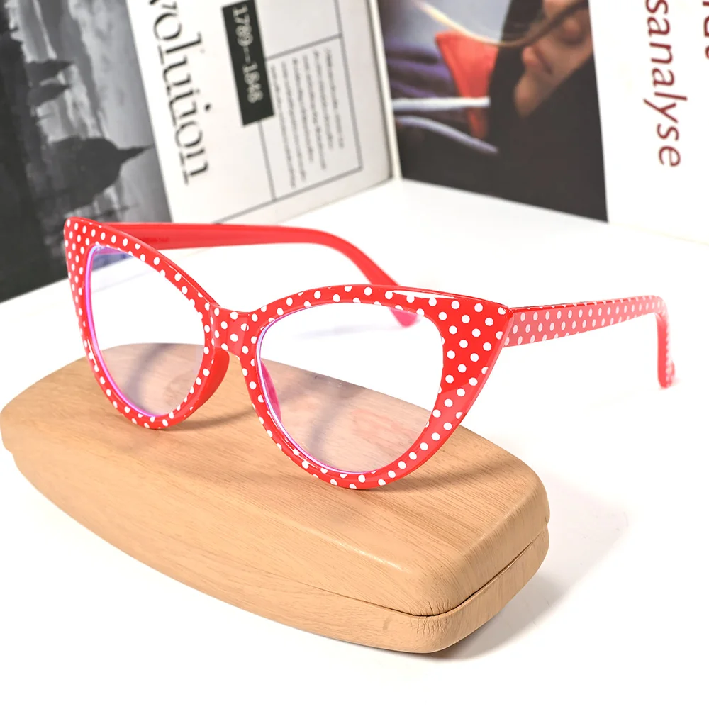 Cubojue Cat Eye Myopia Glasses Women Eyeglasses Frame Female Anti Blue Light Reflection -100 150 200 250 Red Black White Dot