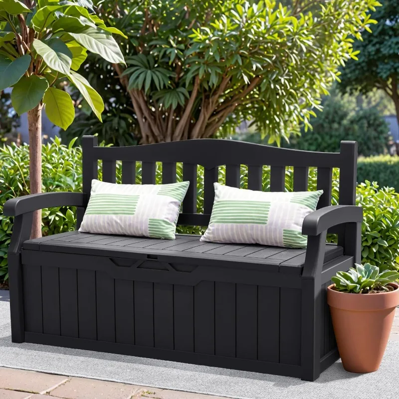 80 Gallon Outdoor Storage Bench Deck Box with Armrest Bench,Lockable Shed, Waterproof and UV Resistant,    Patio, Deep Black