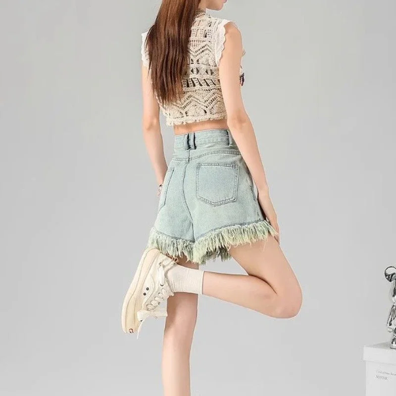 Shorts jeans para mulheres com franjas largas cintura alta calças jeans curtas roupas femininas ao ar livre jovem confortável harajuku moda y2k
