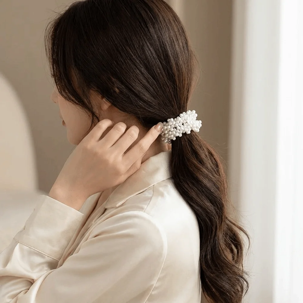 Wearable Sweet Faux Pearl Hair Ties Beaded Hand-Woven Elastic Hair Rope Elegant 2 in 1 Hair Accessories Women