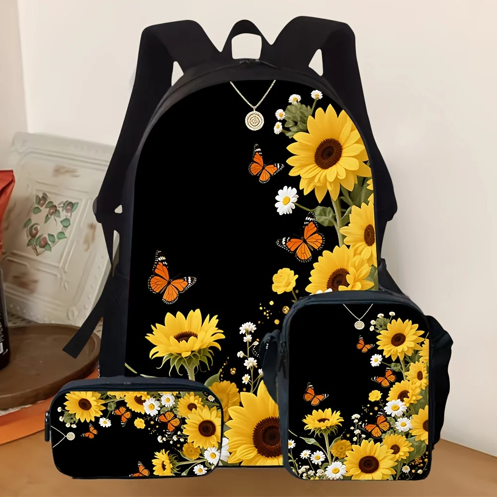 

Set of 3 Sunflower Butterfly Design Backpacks [2D Flat] Including a School Backpack, a Small Matching Bag, And a Pencil Case, Pe