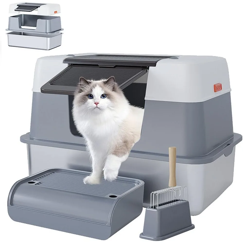 

Large Enclosed Litter Box, Pan Tray with High Wall Sides,Anti-Leakage, Include Scoop and Mat, Stainless Steel Cat Litter Box