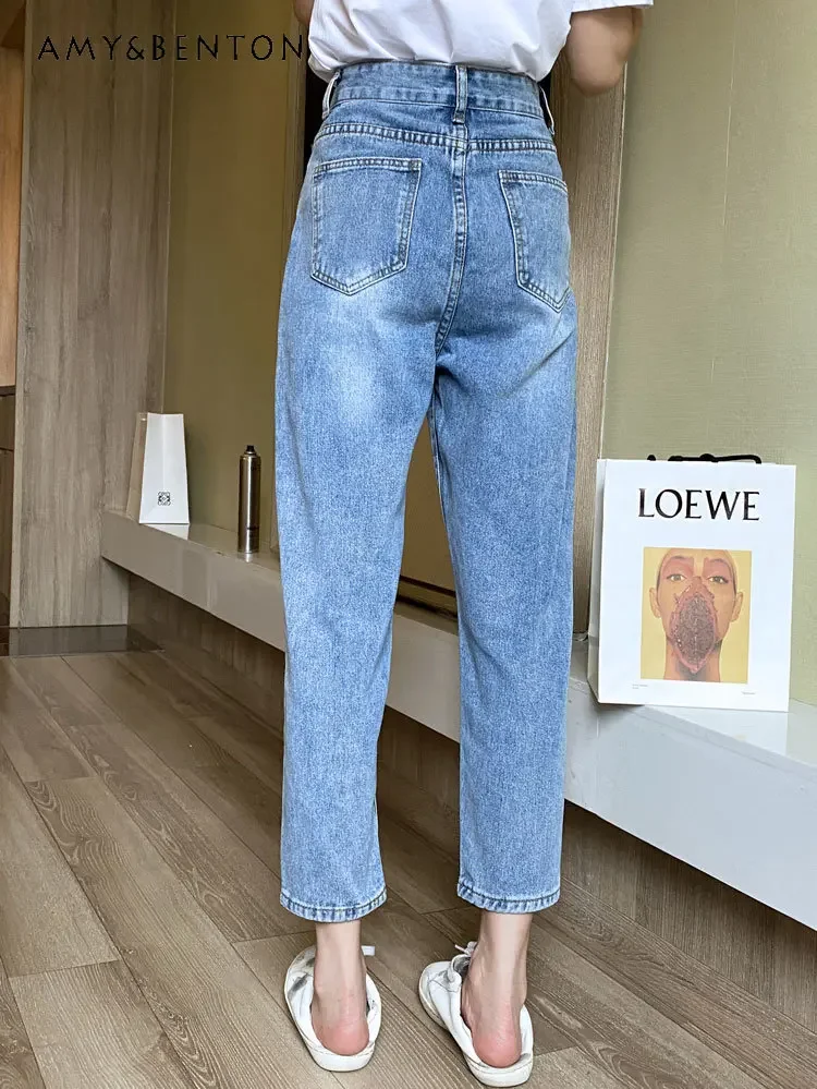 Potdemiel Cartoon Jeans Women's Early Autumn Fashionable Printed Cropped Trousers High Waist Loose Slimming Straight Harem Pants