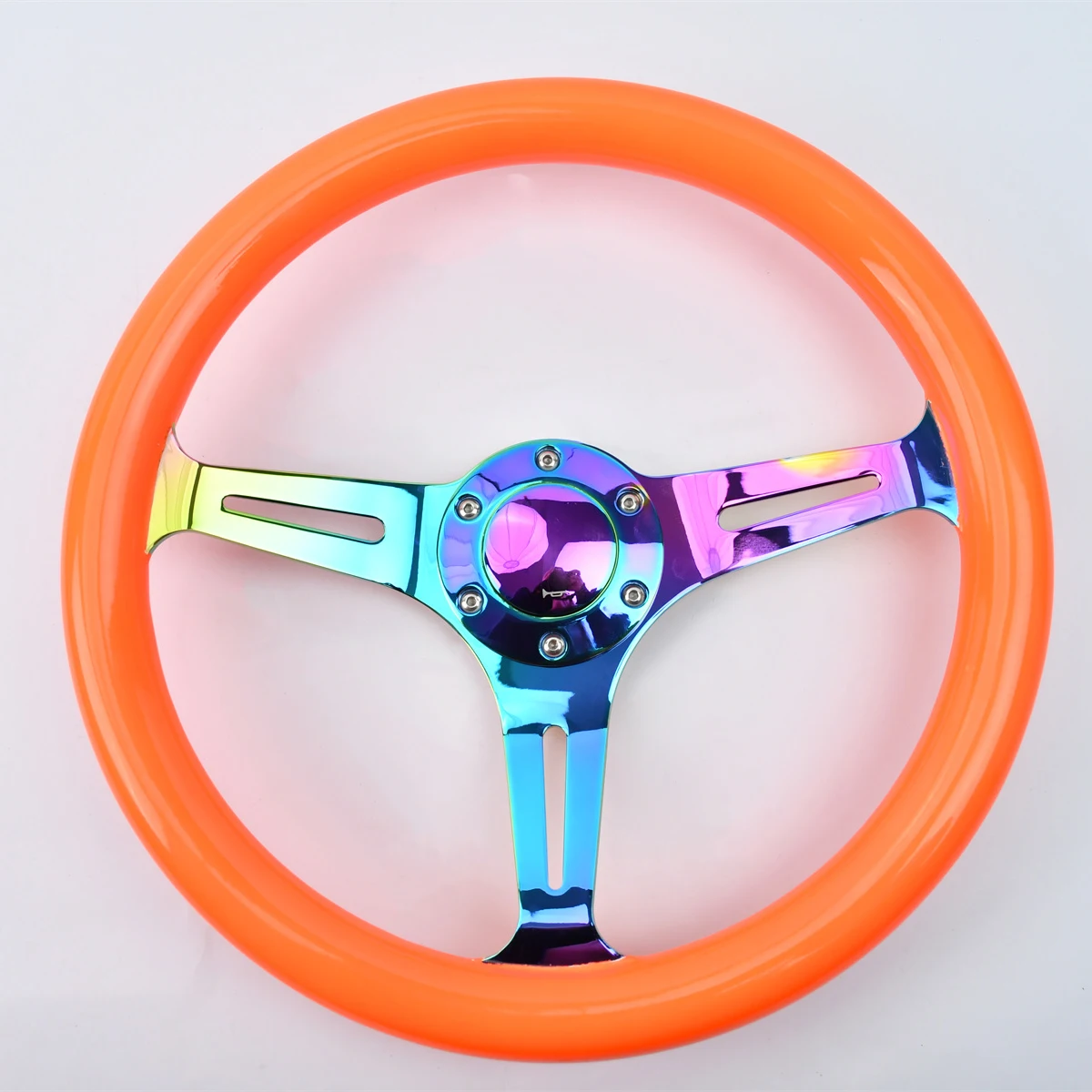 

Fluorescent Orange Solid Wood Composite Steering Wheel Classic Fashion 350MM Aluminum 3-Spoke