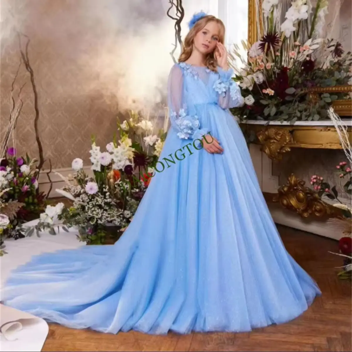 

CustomizeGorgeous Handmade Illusion V-Neckline Flower Girl Dress for Weddings Princess A-Line First Communion Dress with Train