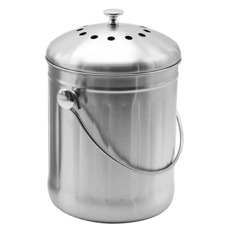 5L Stainless Steel Kitchen Compost Bin Black Charcoal Filter Vegetable Peel Waste Can for Household Food Scrap Storage