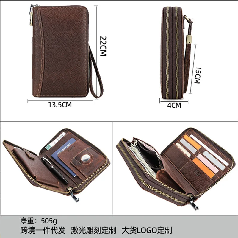 Litchi Patterned Cow Leather RFID Anti-theft Metal Double Zipper Combination Lock Travel Passport Bag  Clutch Bag Long Wallet