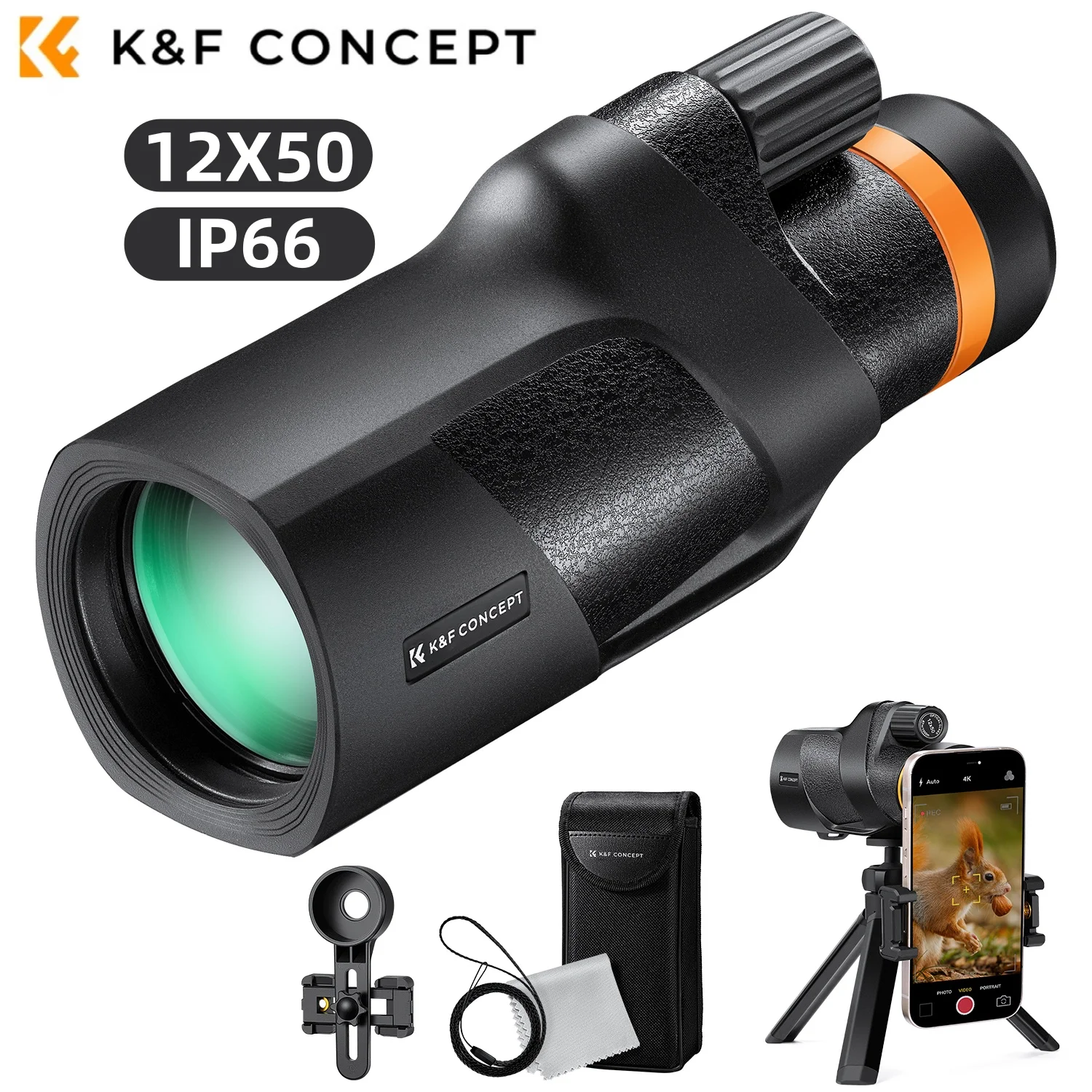 

K&F Concept 12X50 Monocular Telescope IP66 Waterproof HD BAK4 Monocular for Birdwatching Hunting Travel with Phone Holder Tripod