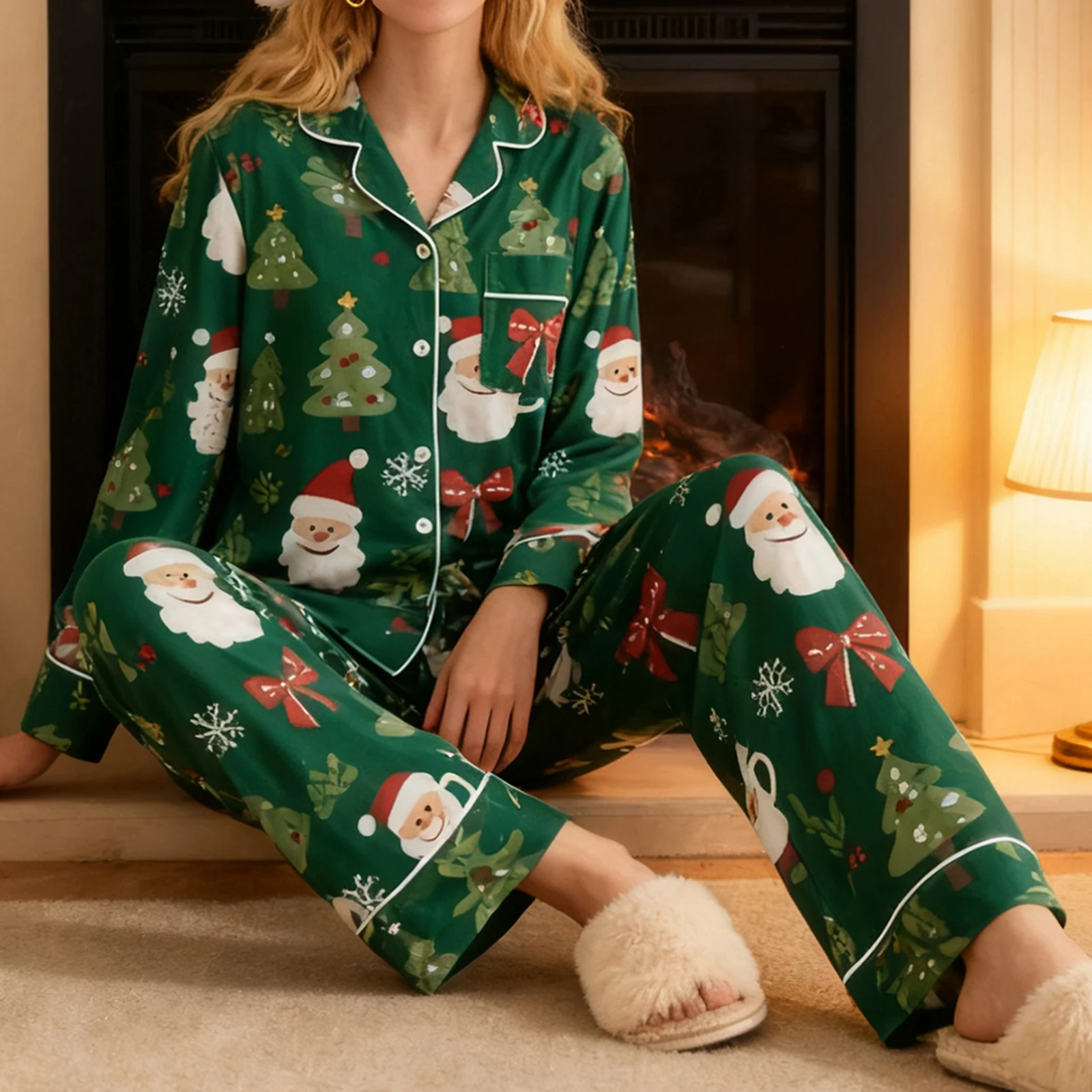

Женские рождественские пижамные комплекты с длинными рукавами и лацканами Санта-Клауса, рубашки на пуговицах с принтом рождественской елки, брюки, одежда для сна, домашняя одежда