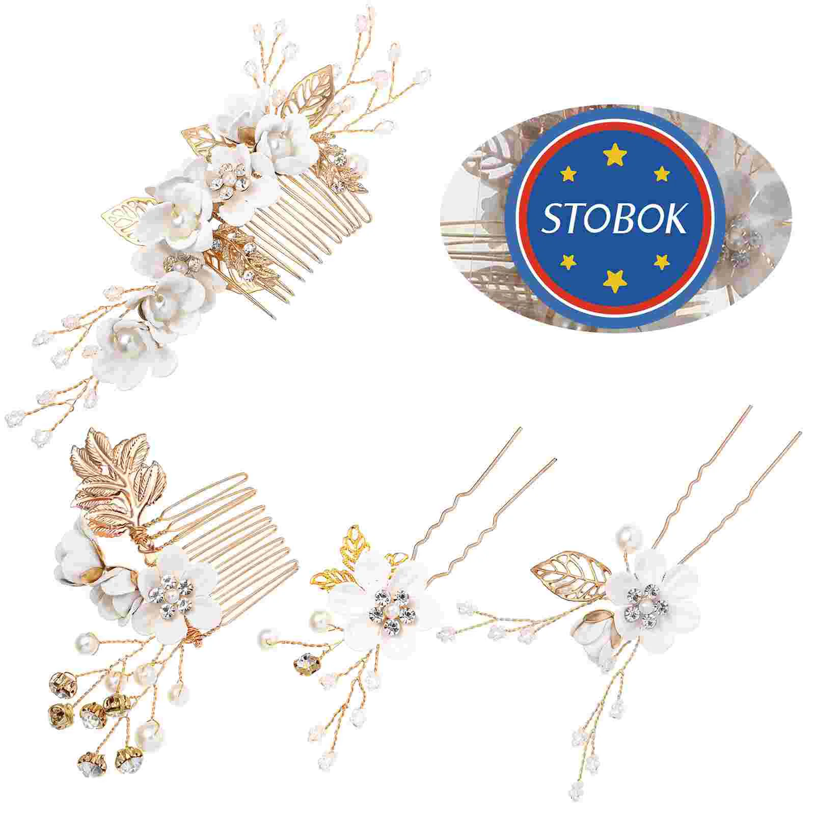 STOBOK 4pcs Wedding Bridal Hair Accessories Set Rhinestone Hair Side Combs U-shaped Hair Clips Pearl Hairpins