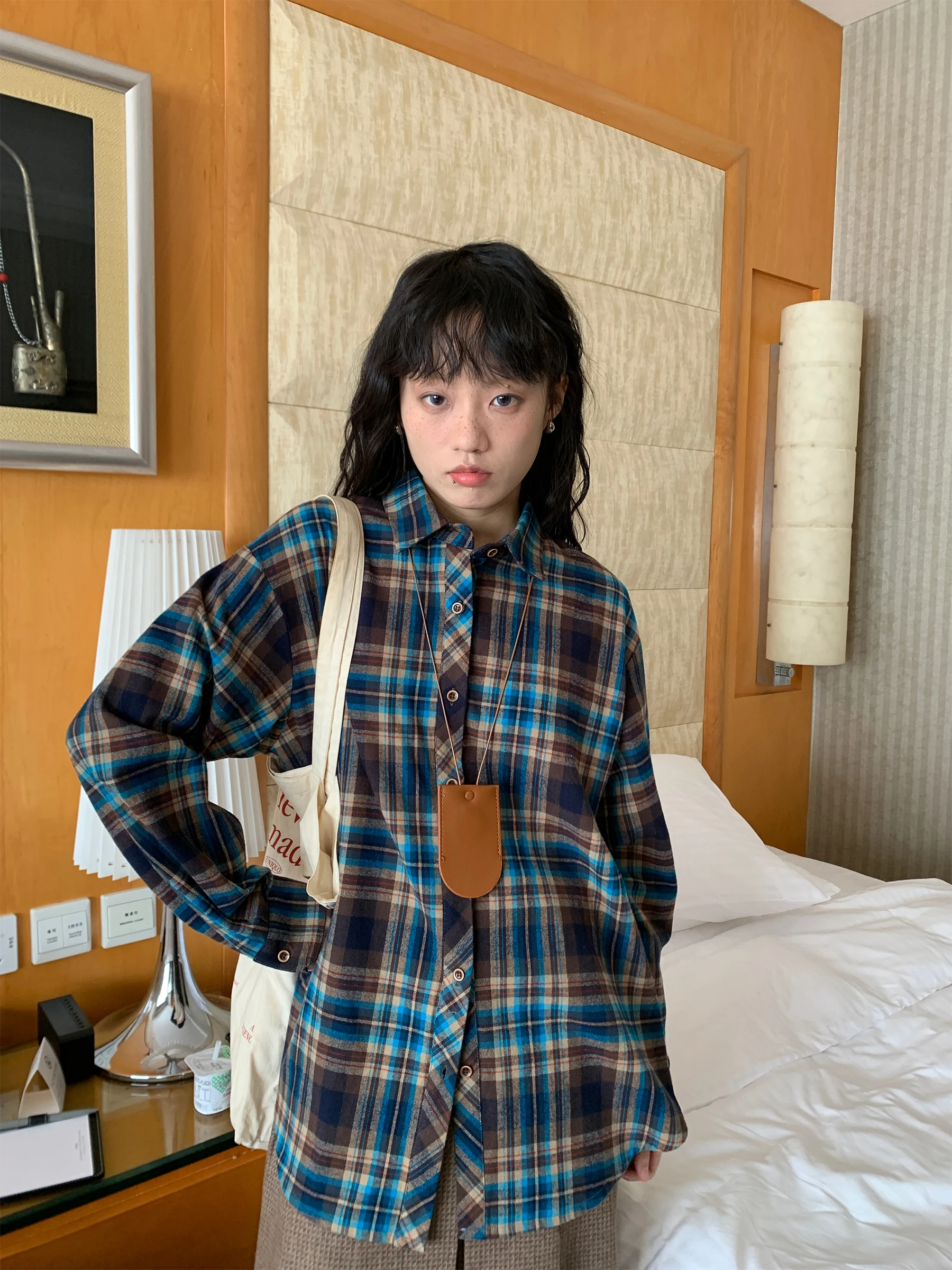 

Classic Plaid Long Sve irt Casual Commute Versatile Pile k Blueberry Mocha Autumn Winter Elegance Cotton Collar