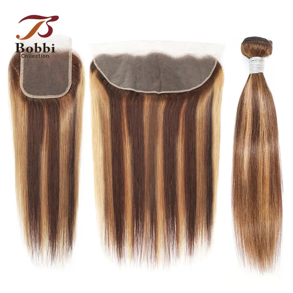 1PC Straight Highlight Human Hair Weave Bundles Brown Blonde Mix Color Lace Closure Frontal Transparent Free Part Bobbi