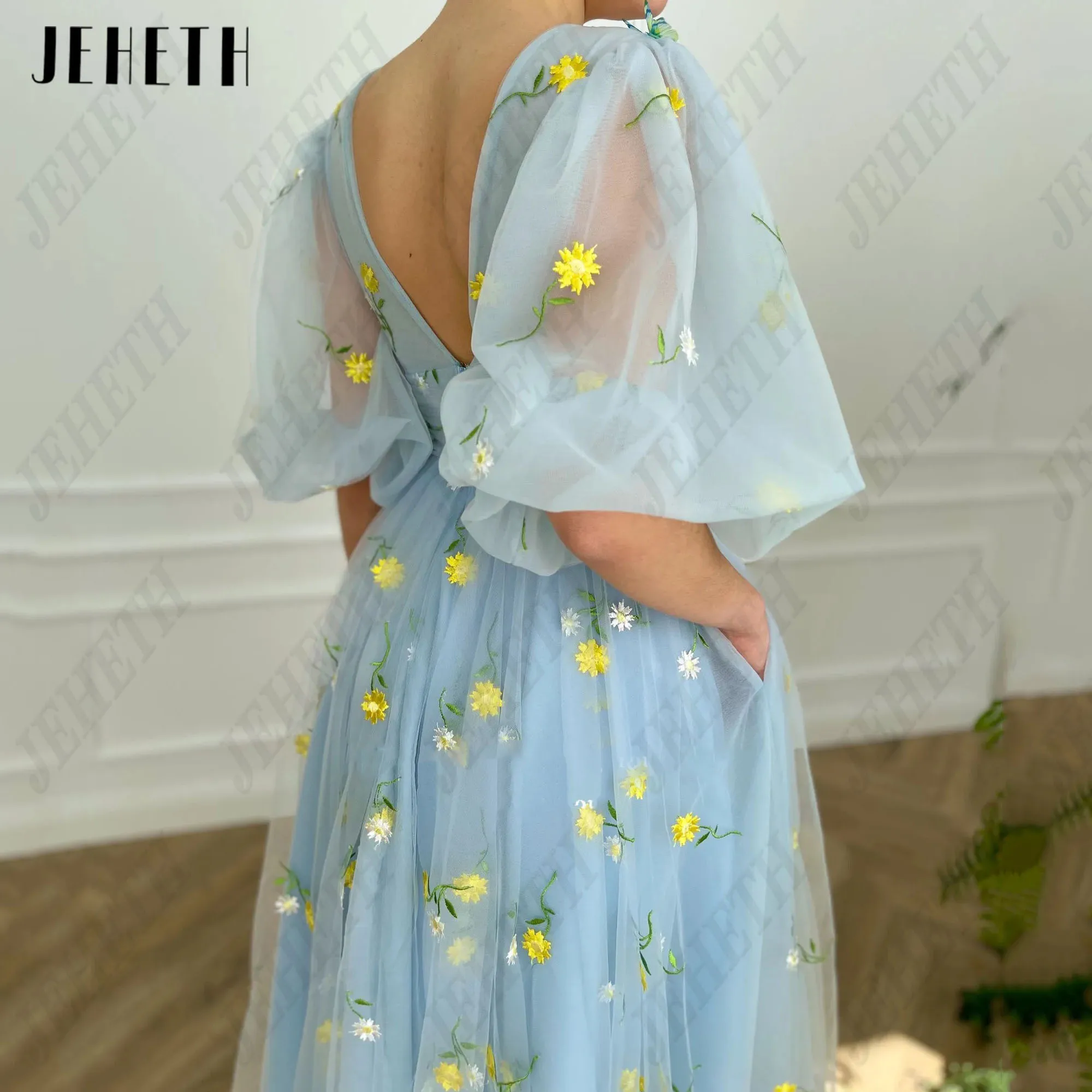 JEHETH Floral Deep V-Neck Prom Dress Embroidery Puff Sleeves Party Gowns With Pocket Ankle Length A-Line Formal Occasions Dress