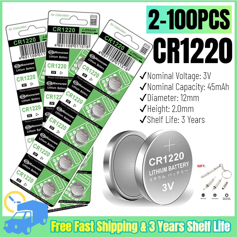 2-100pcs 45mAh CR1220 Button Coin Cell Battery For Watch Car Remote Key CR 1220 ECR1220 GPCR1220 5012LC 3V Lithium Batteies