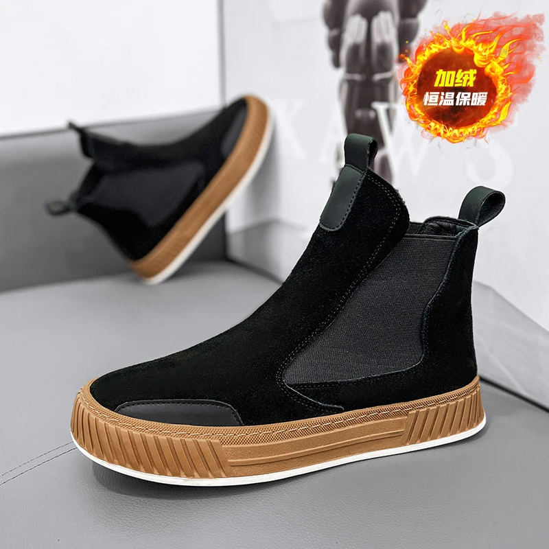 Men Winter Fleece Lined Chelsea Boots, Suede Slip‑on High Top Casual Shoes, Warm Non‑slip Platform Ankle Boots for Autumn Winter