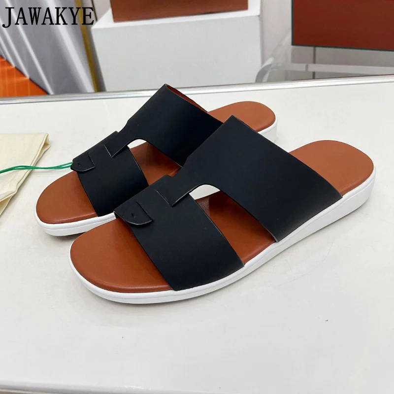 New Brand Flat Slippers Men Real Leather Flat Summer Walking Shoes Male Brown Platform Shoes Slide Runway Beach Slippers For Men