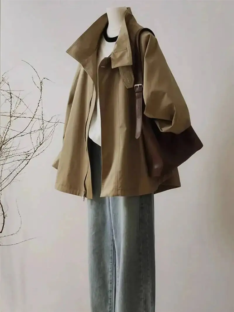 معطف نسائي بياقة مزدوجة الطبقات لخريف 2023 جديد للنساء تصميم متباين الألوان عصري وسترة مع بطانة