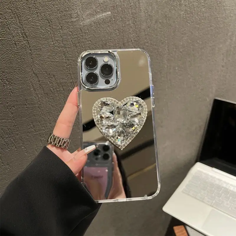 Luxury diamond Love Heart Holder Stand Metal Camera Case For iPhone 14 13 Pro MAX 12 11 Makeup Mirror Back Cover Coque Funds